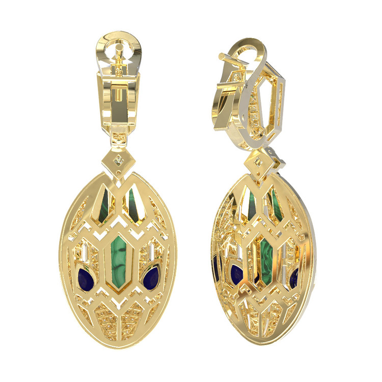 Серьги из лимонного золота c бриллиантами, сапфиром и малахитом
