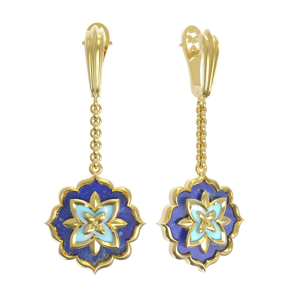 Серьги из лимонного золота c бирюзой и лазуритом