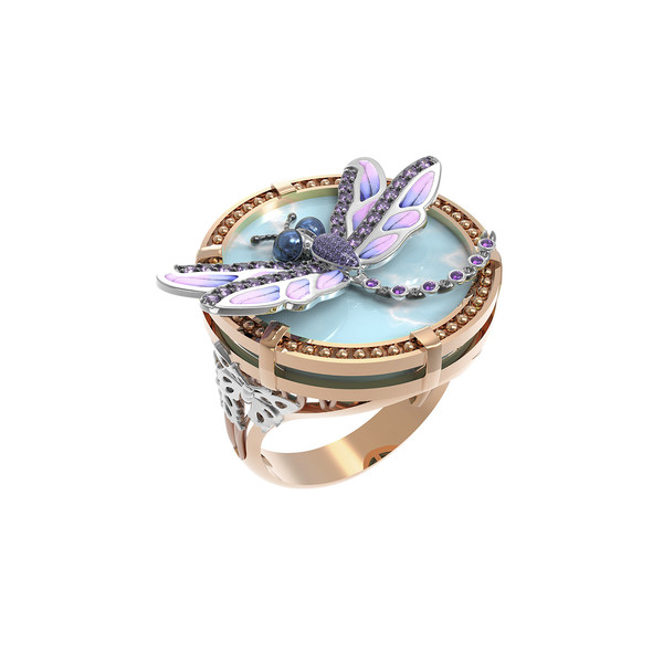 Кольцо из золота c бирюзой, аметистом и эмалью