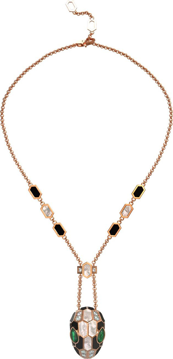 Колье из золота c бриллиантами, рубином, ониксом, малахитом и перламутром