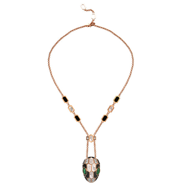 Колье из золота c бриллиантами, рубином, ониксом, малахитом и перламутром