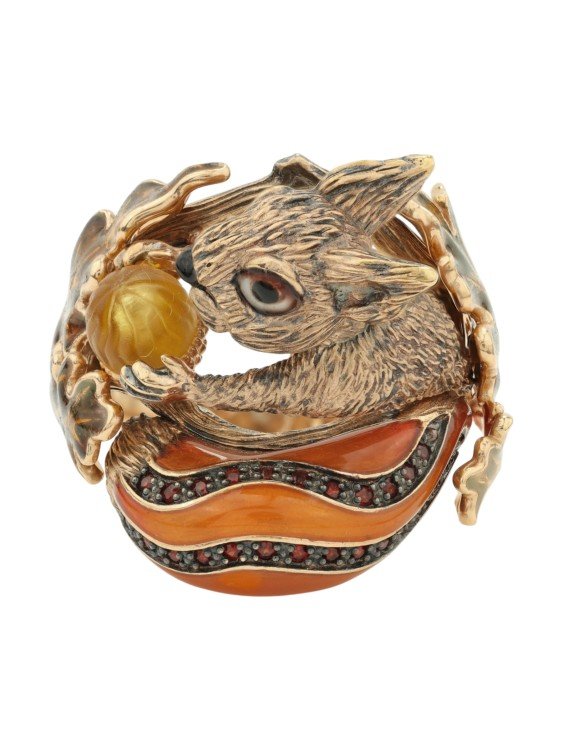 Кольцо из золота c эмаль , гранатом и янтарём