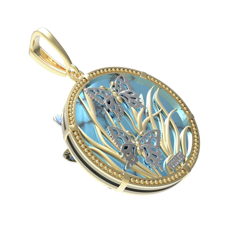 Подвеска из лимонного золота c бирюзой, аметистом и эмалью