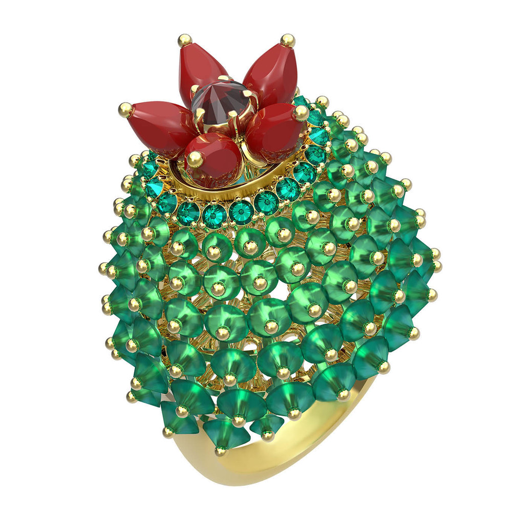 Кольцо из лимонного золота c гранатом, хризопразом, изумрудом и кораллом