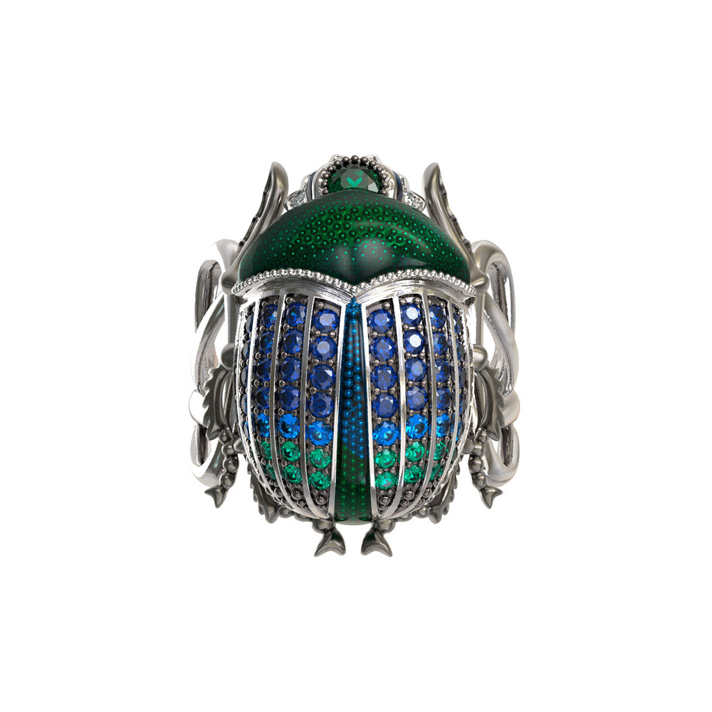 Кольцо из белого золота c эмалью, фианитом и сапфиром