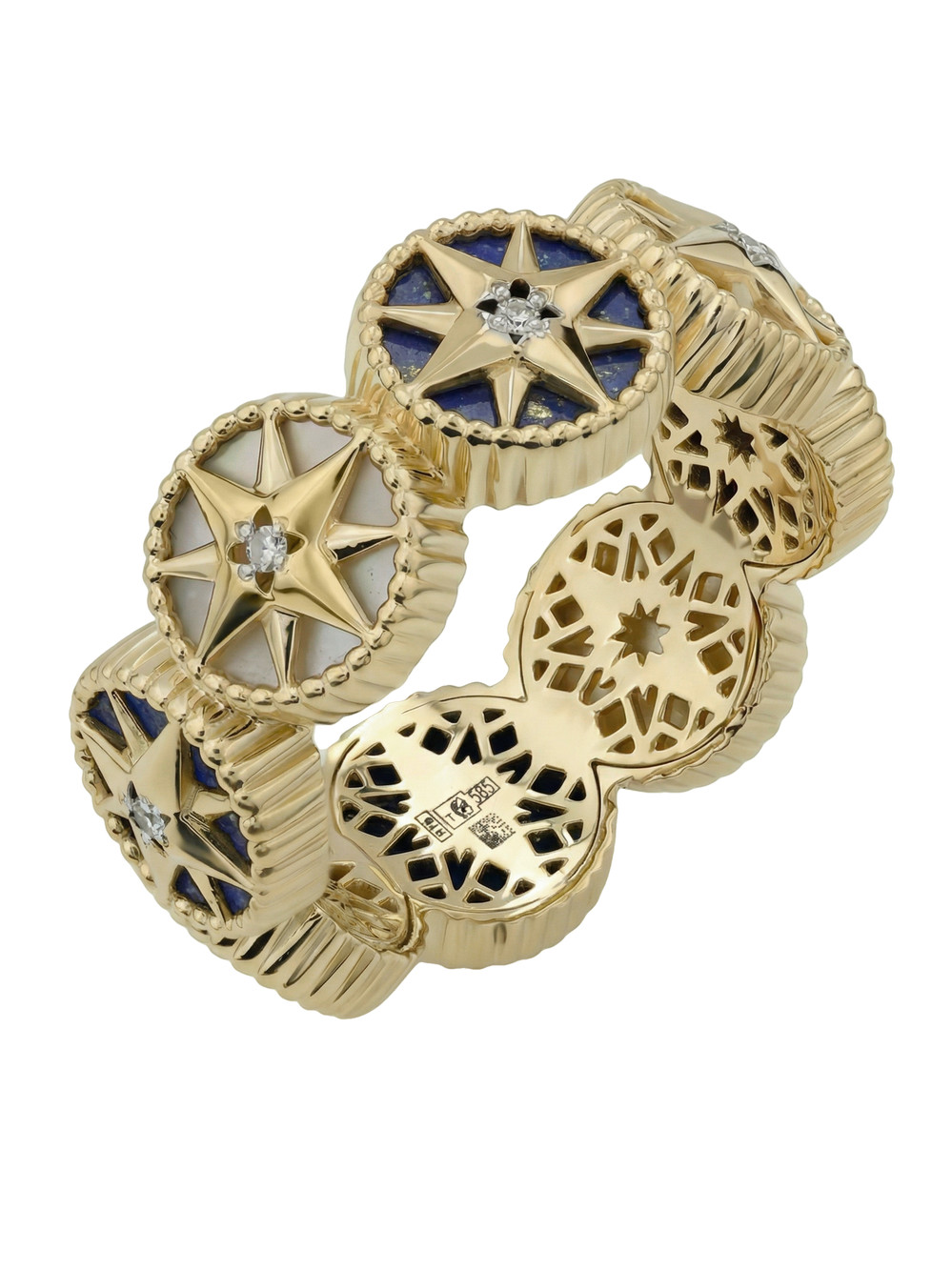 Кольцо из лимонного золота c бриллиантами, лазуритом и перламутром