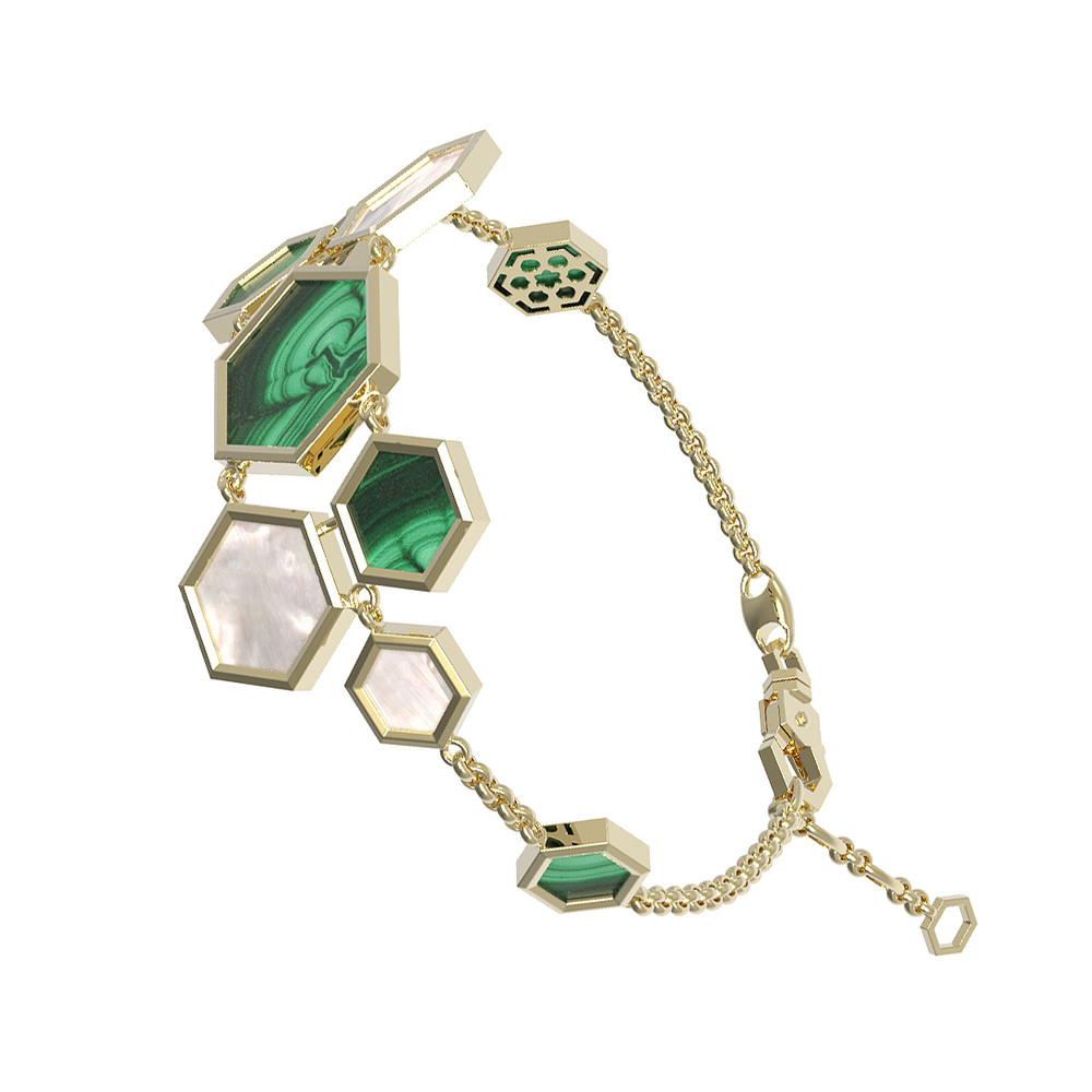 Браслет из лимонного золота c малахитом и перламутром