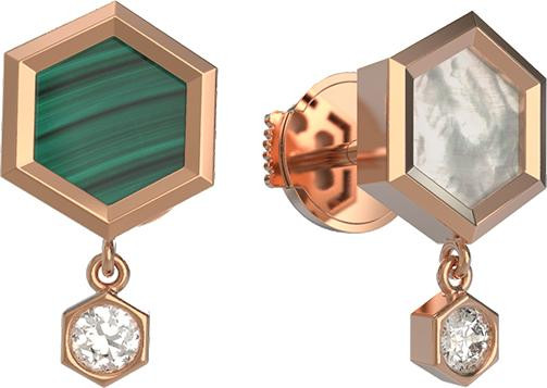 Серьги из золота c бриллиантами, малахитом и перламутром