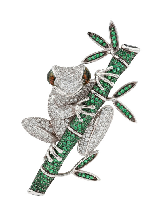 Брошь из белого золота c эмаль , фианитом и дымчатым кварцем