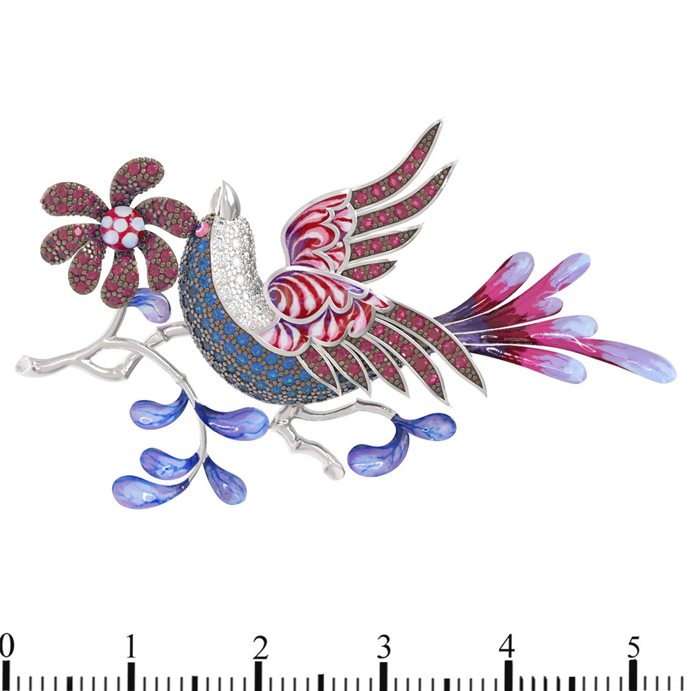 Брошь из белого золота c эмалью и фианитом