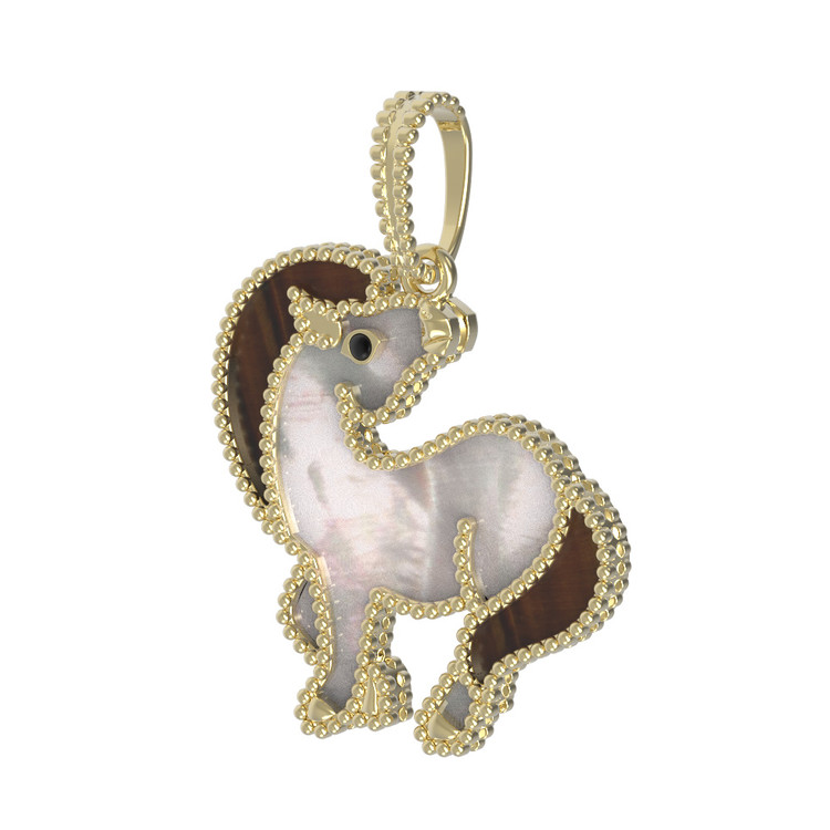 Подвеска из лимонного золота c эмалью, тигровым глазом и перламутром