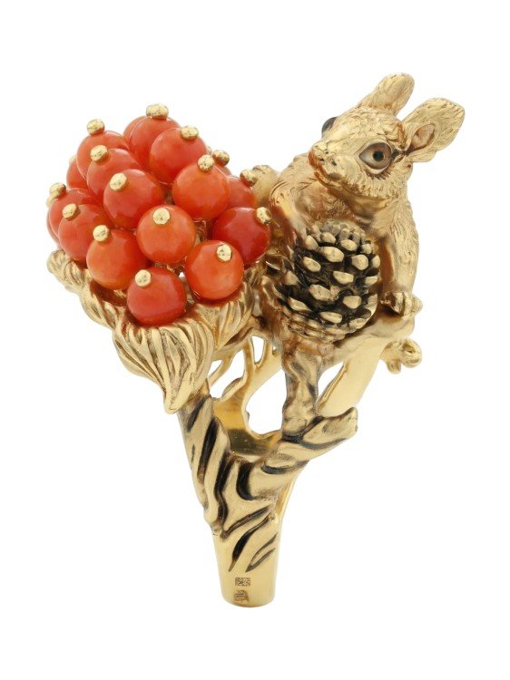 Кольцо из лимонного золота c эмаль и кораллом