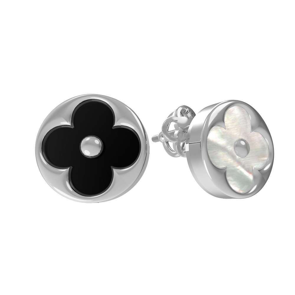 Серьги из белого золота c ониксом и перламутром