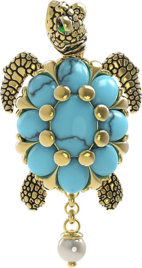 Подвеска из лимонного золота c эмаль , жемчугом и бирюзой