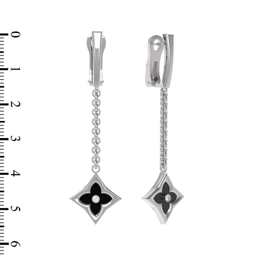 Серьги из белого золота c бриллиантами и ониксом