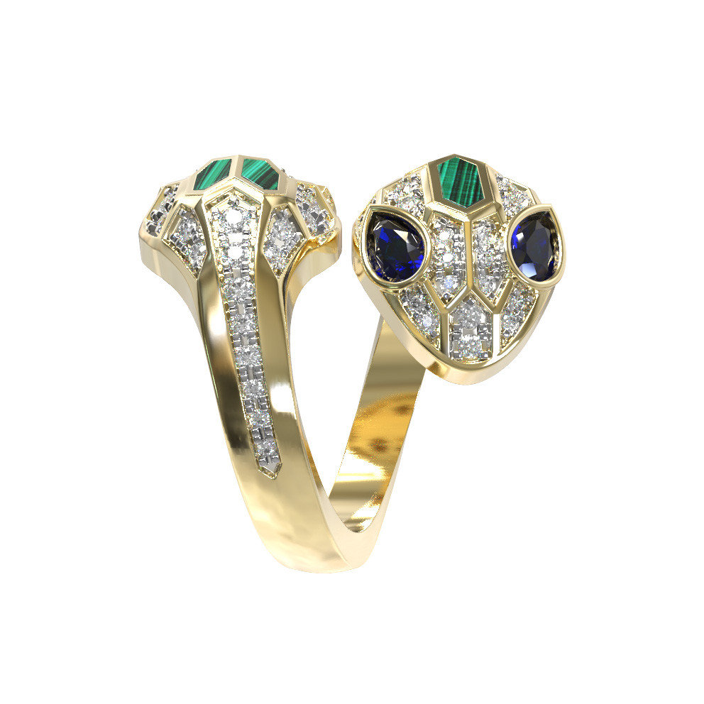 Кольцо из лимонного золота c бриллиантами, сапфиром и малахитом