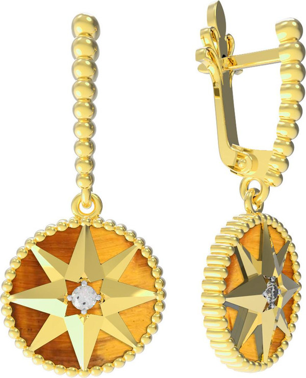 Серьги из лимонного золота c фианитом и тигровым глазом