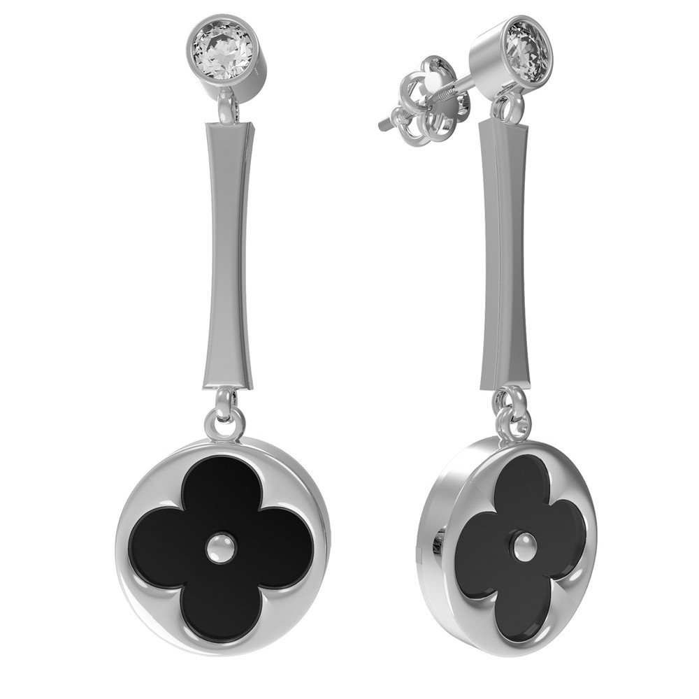 Серьги из белого золота c фианитом и ониксом