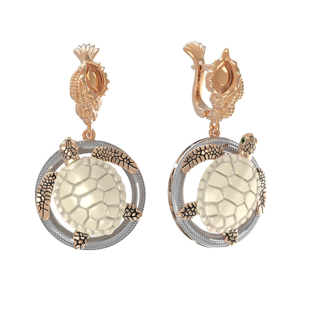 Серьги из золота c эмаль и бивнем мамонта