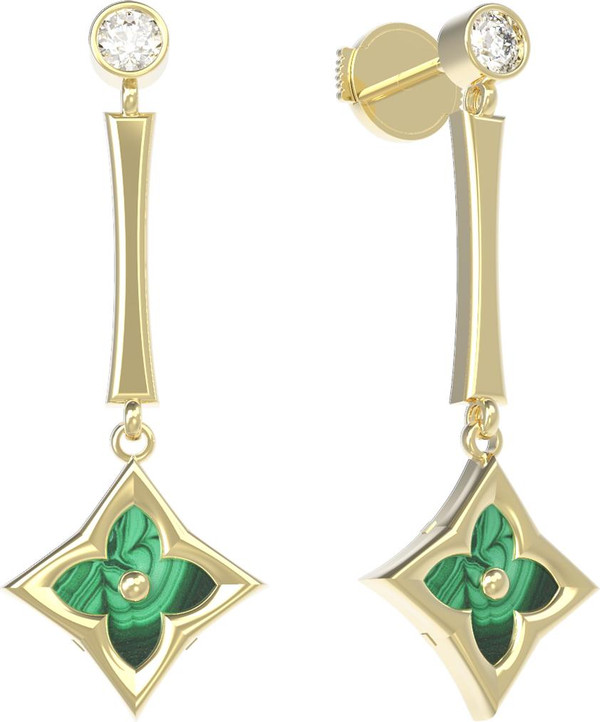 Серьги из лимонного золота c фианитом и малахитом