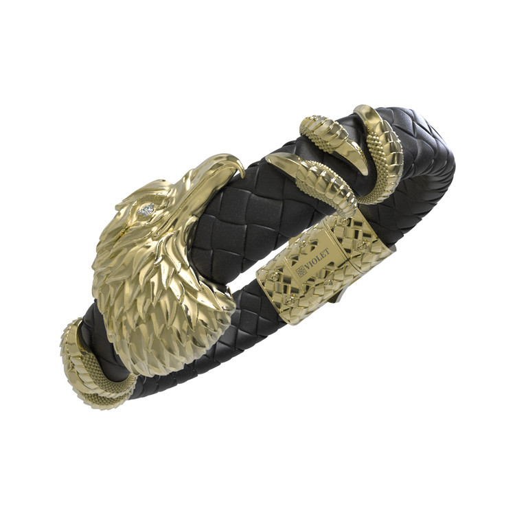 Браслет из лимонного золота c бриллиантами и кожаным шнурком