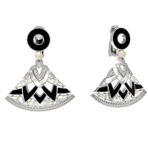 Серьги из белого золота c жемчугом, ониксом и перламутром