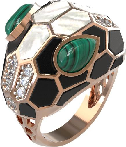 Кольцо из золота c бриллиантами, рубином, ониксом, малахитом и перламутром