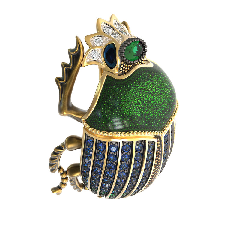 Брошь из лимонного золота c эмаль , фианитом и турмалином