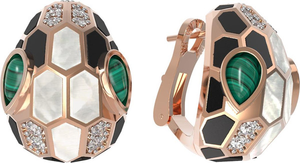 Серьги из золота c бриллиантами, рубином, ониксом, малахитом и перламутром