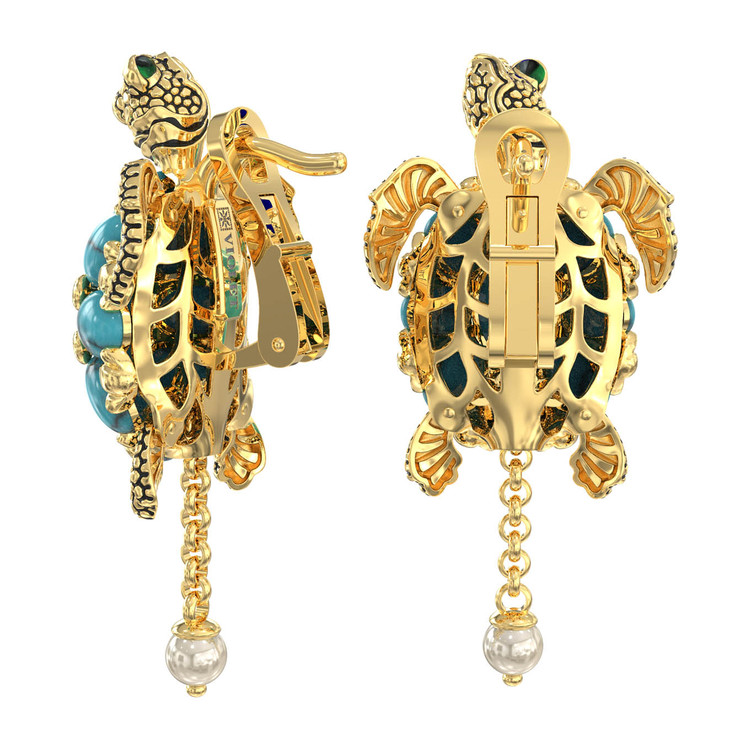 Серьги из лимонного золота c эмалью, жемчугом и бирюзой