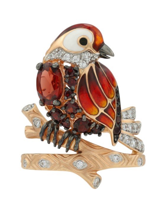 Кольцо из золота c эмаль , фианитом и гранатом