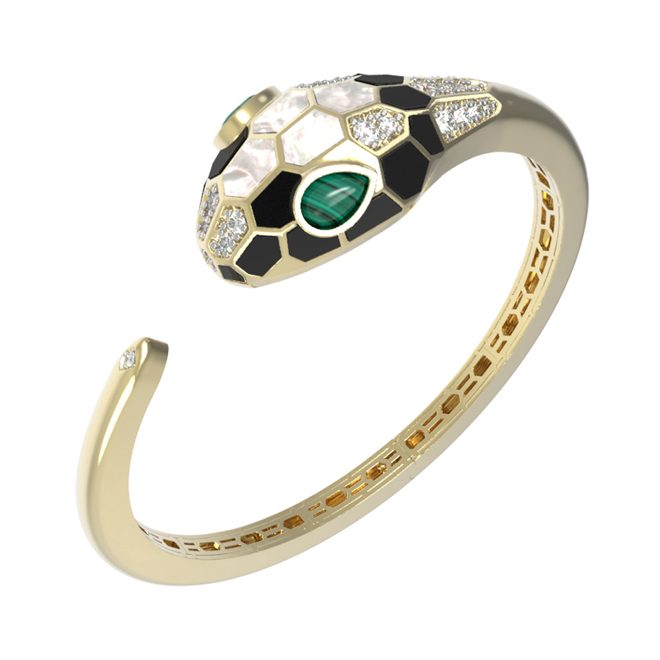 Браслет из лимонного золота c бриллиантами, рубином, ониксом, малахитом и перламутром