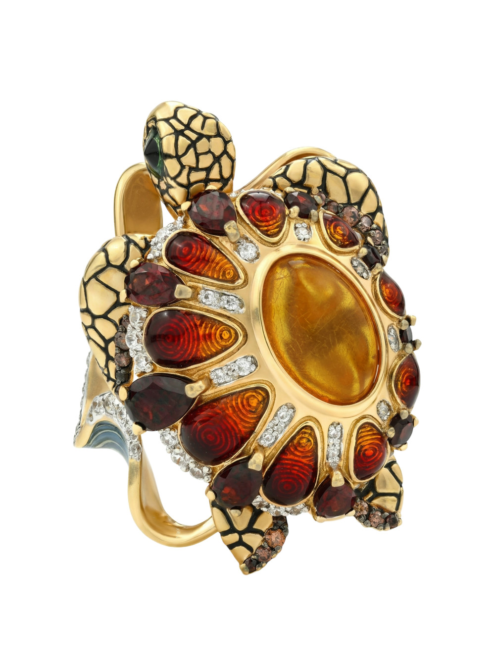 Кольцо из лимонного золота c эмаль , фианитом, гранатом и янтарём