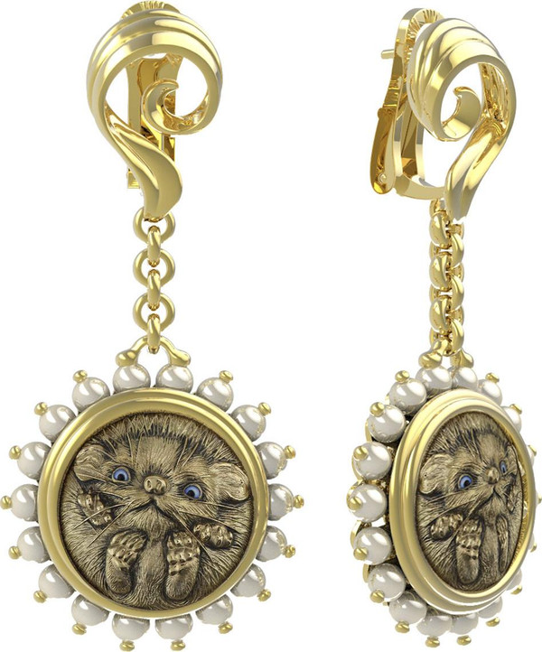 Серьги из лимонного золота c эмаль и жемчугом