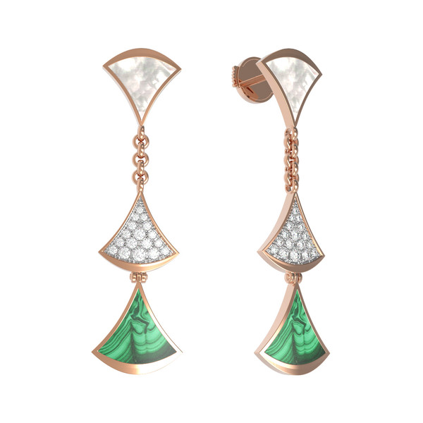 Серьги из золота c бриллиантами, малахитом и перламутром