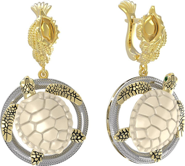 Серьги из лимонного золота c эмаль и бивнем мамонта