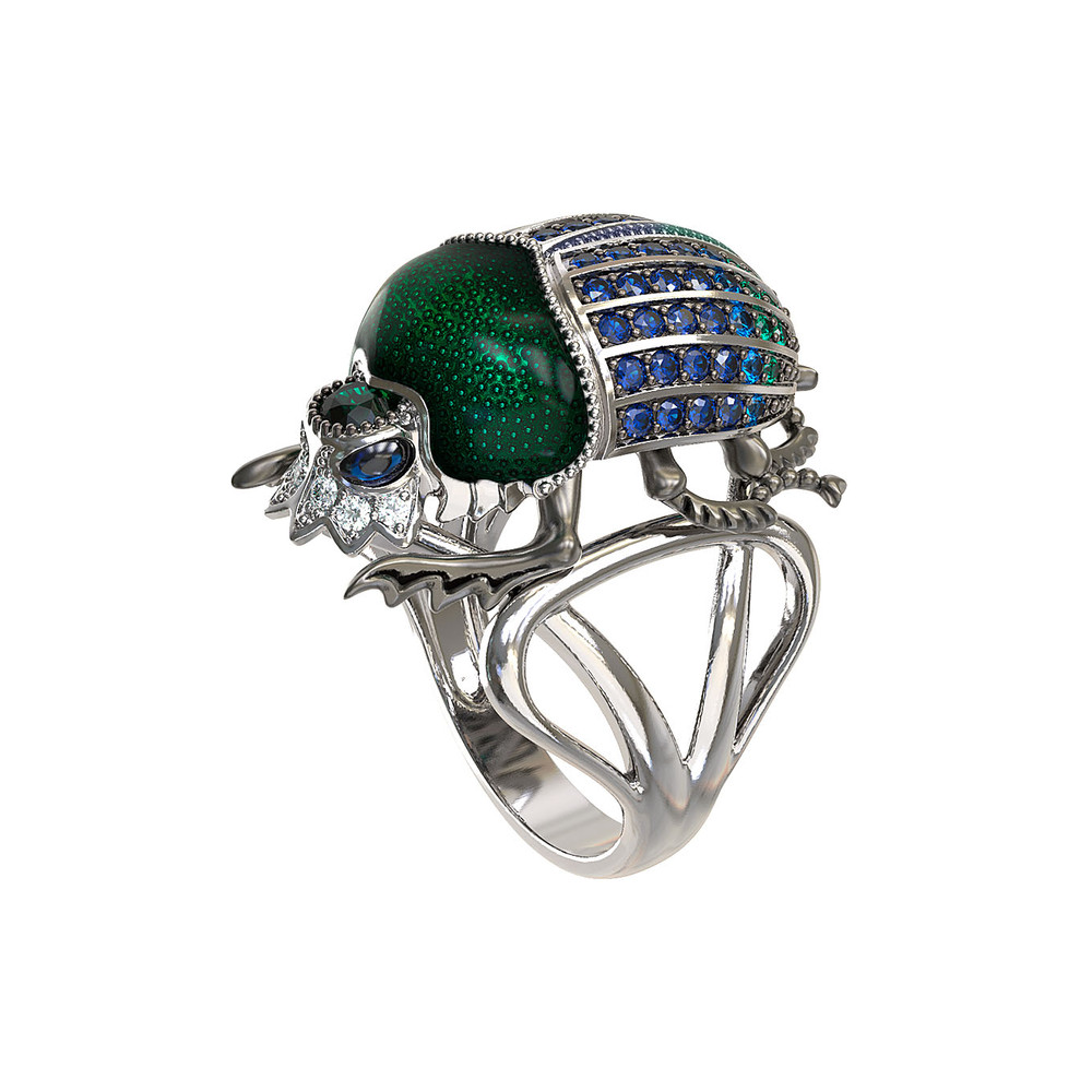 Кольцо из белого золота c эмалью, фианитом и сапфиром