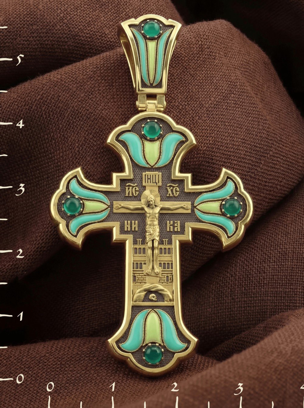 Крест из лимонного золота c эмаль и хризопразом