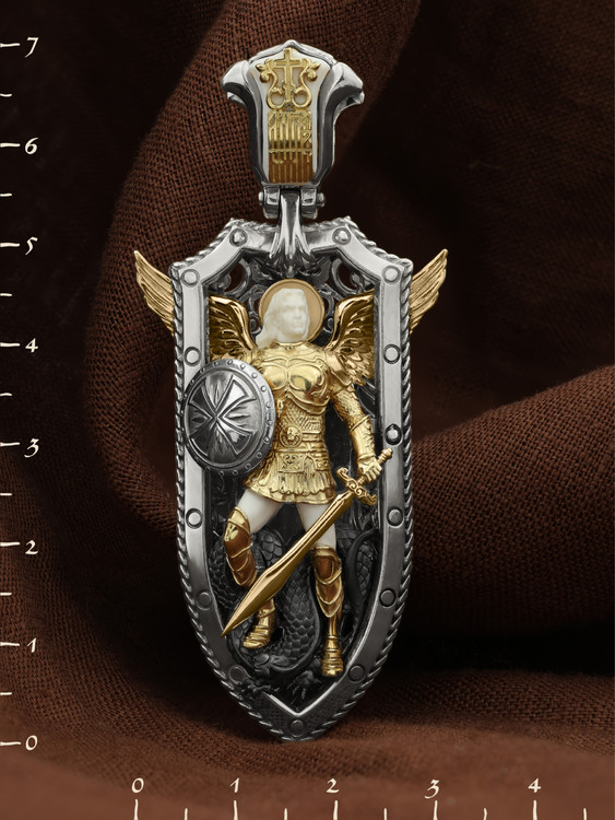 Образок из белого золота c эмаль и бивнем мамонта