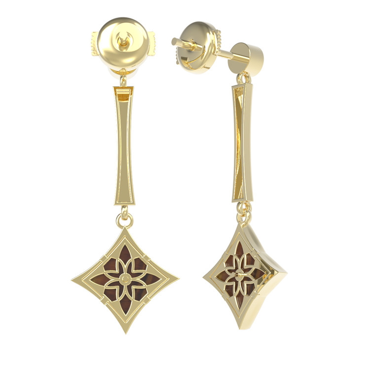 Серьги из лимонного золота c фианитом и тигровым глазом