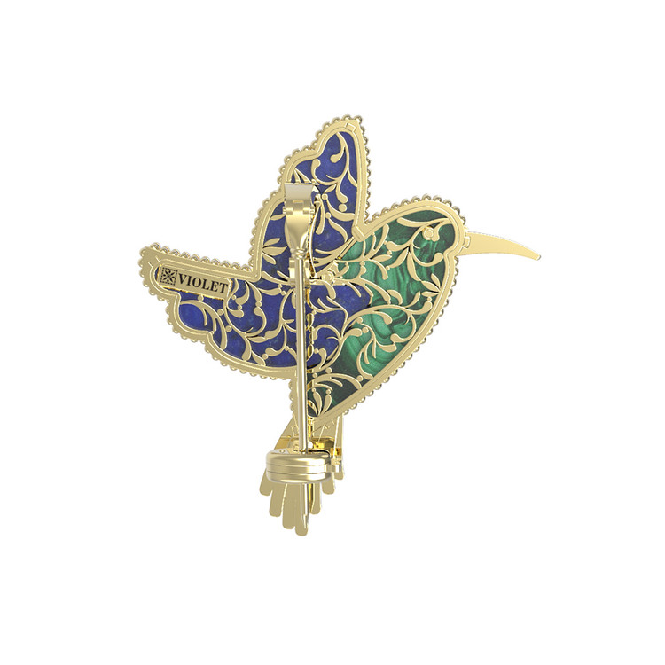 Брошь из лимонного золота c эмаль , лазуритом и малахитом