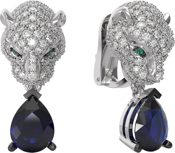 Серьги из белого золота c бриллиантами, сапфиром и изумрудом
