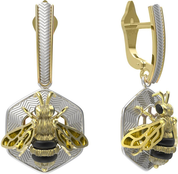 Серьги из лимонного золота c эмаль , ониксом и эмалью