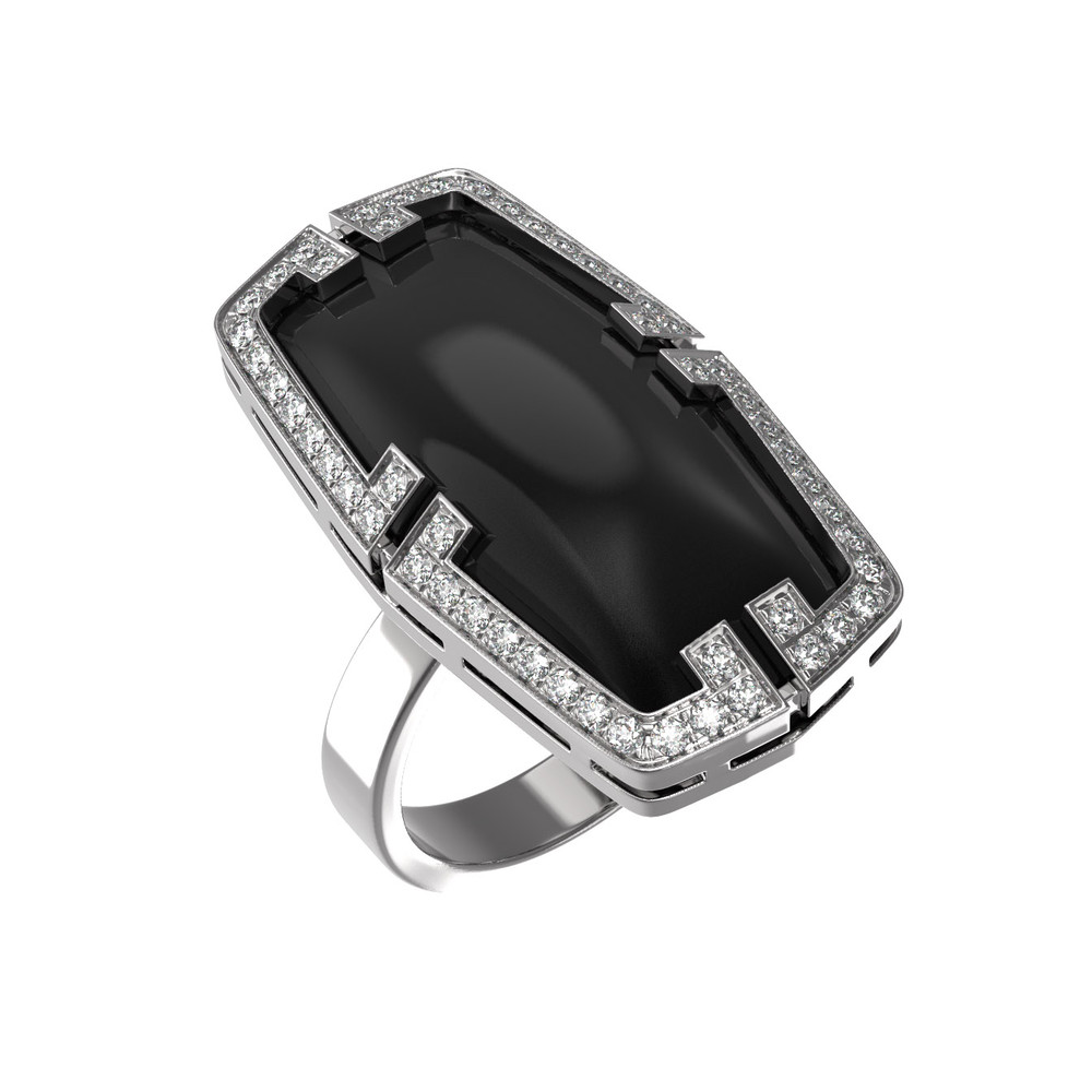 Кольцо из белого золота c бриллиантами, рубином и ониксом