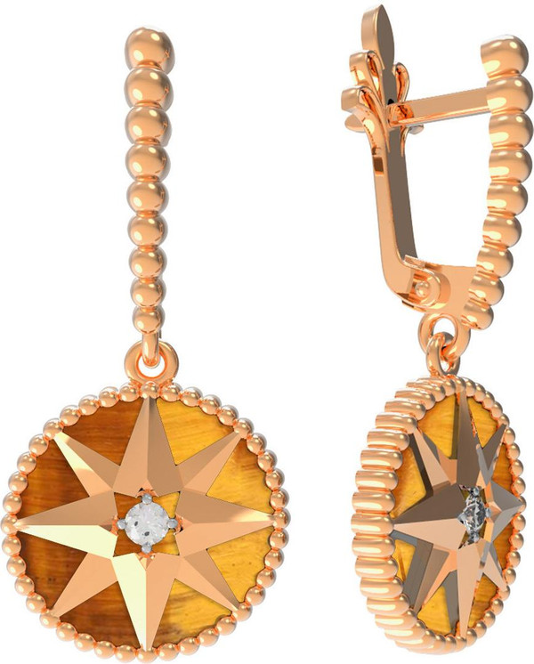 Серьги из золота c фианитом и тигровым глазом