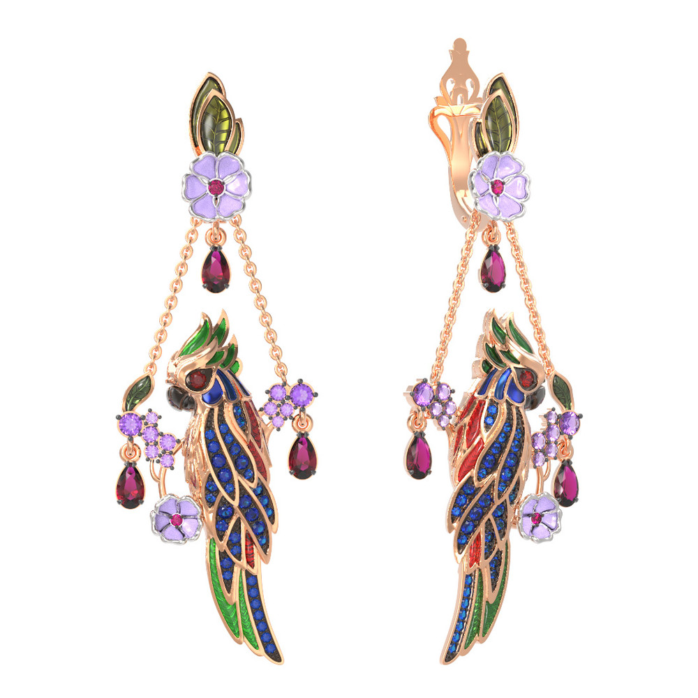 Серьги из золота c эмаль , аметистом, рубином, аметистом и сапфиром