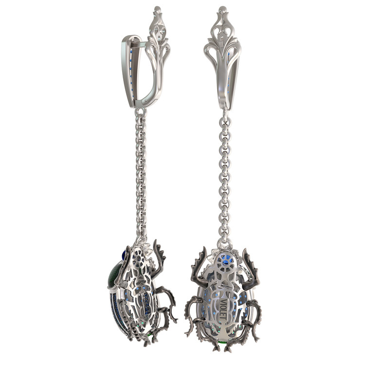 Серьги из белого золота c эмаль , фианитом и сапфиром