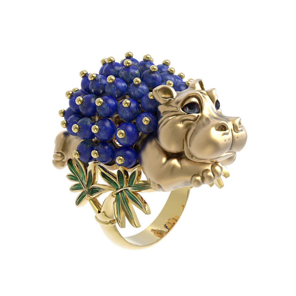 Кольцо из лимонного золота c эмаль и лазуритом