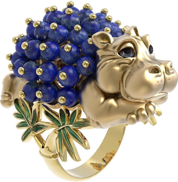 Кольцо из лимонного золота c эмаль и лазуритом