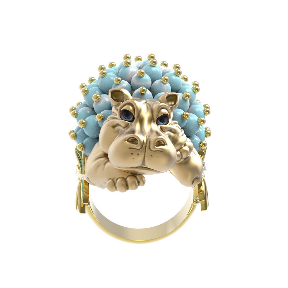 Кольцо из лимонного золота c эмаль и бирюзой